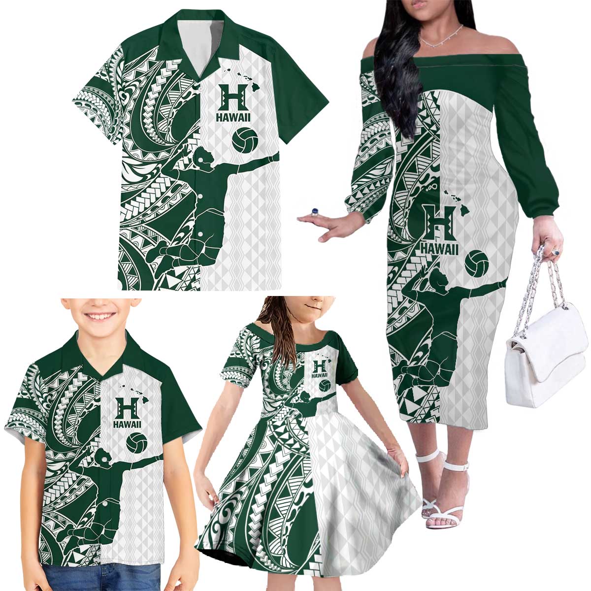 Polynesian Hawaii Volleyball Custom Family Matching Off The Shoulder Long Sleeve Dress and Hawaiian Shirt Kakau with Sport Style LT9 - Polynesian Pride