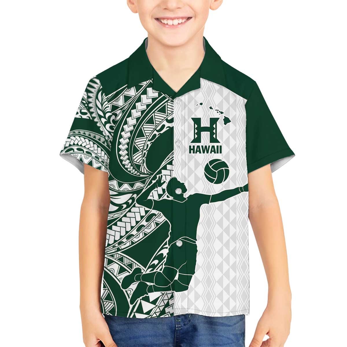 Polynesian Hawaii Volleyball Custom Family Matching Off The Shoulder Long Sleeve Dress and Hawaiian Shirt Kakau with Sport Style LT9 Son's Shirt White - Polynesian Pride