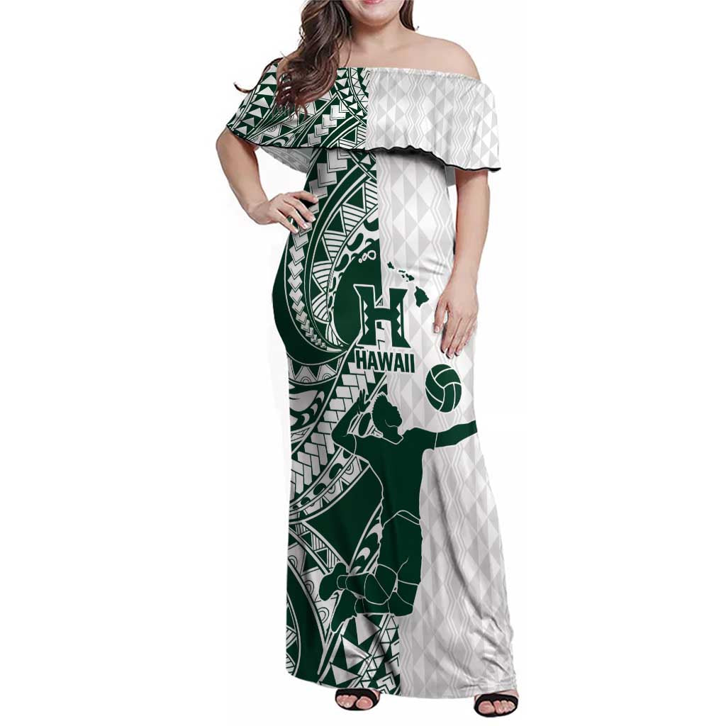 Polynesian Hawaii Volleyball Custom Family Matching Off Shoulder Maxi Dress and Hawaiian Shirt Kakau with Sport Style LT9 Mom's Dress White - Polynesian Pride