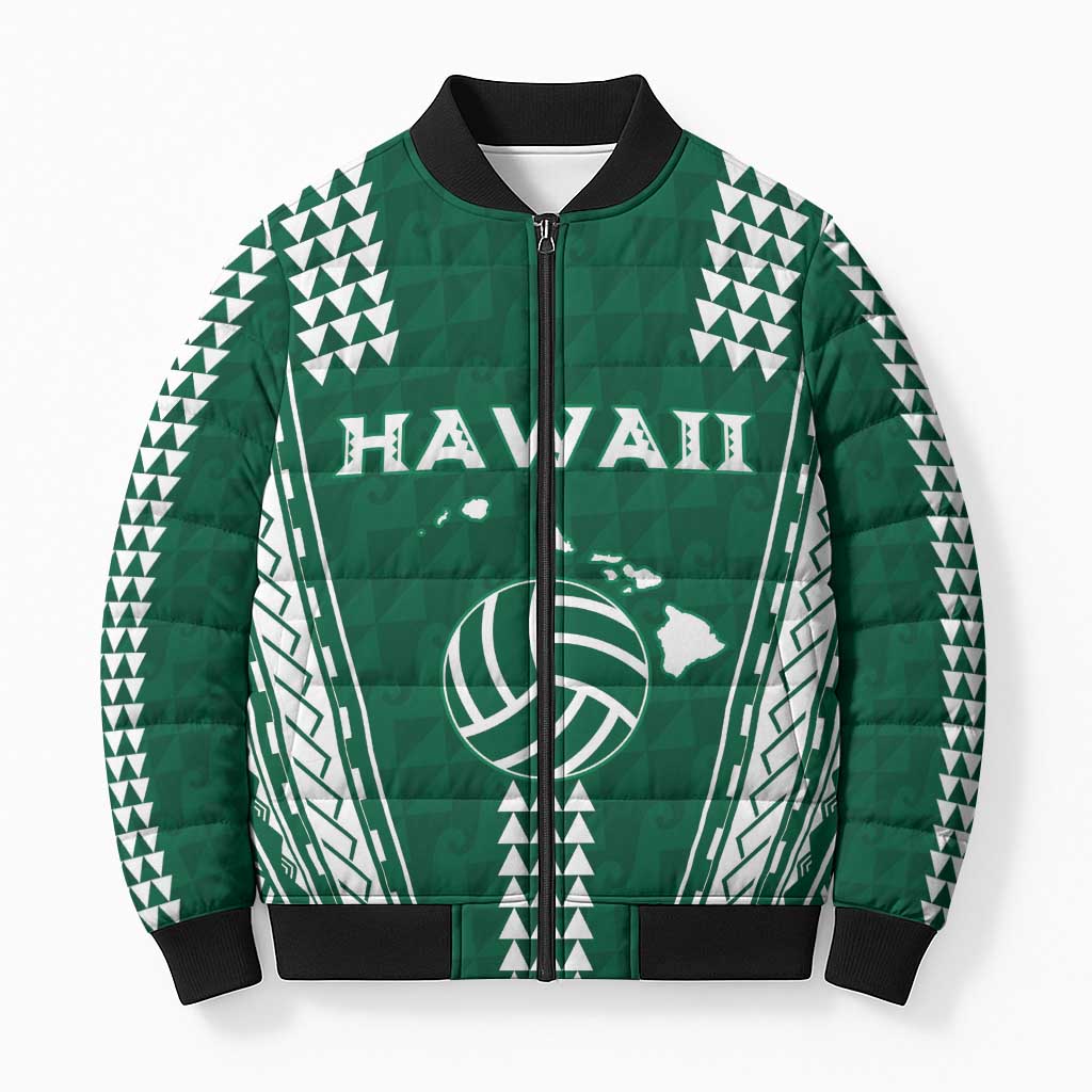 Polynesian Hawaii Volleyball Custom Bomber Puffer Jacket Green Kakau with Map Motif - Polynesian Pride
