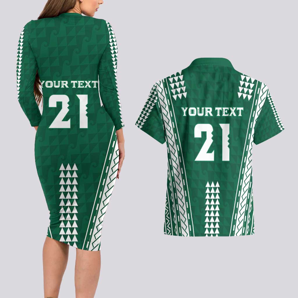 Polynesian Hawaii Volleyball Custom Couples Matching Long Sleeve Bodycon Dress and Hawaiian Shirt Green Kakau with Map Motif LT9 - Polynesian Pride