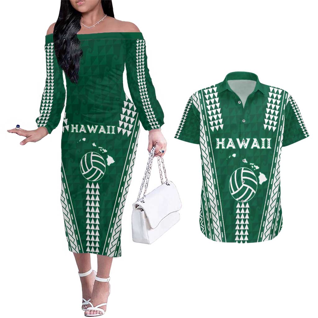 Polynesian Hawaii Volleyball Custom Couples Matching Off The Shoulder Long Sleeve Dress and Hawaiian Shirt Green Kakau with Map Motif LT9 Green - Polynesian Pride