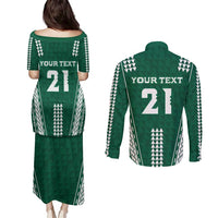 Polynesian Hawaii Volleyball Custom Couples Matching Puletasi and Long Sleeve Button Shirt Green Kakau with Map Motif