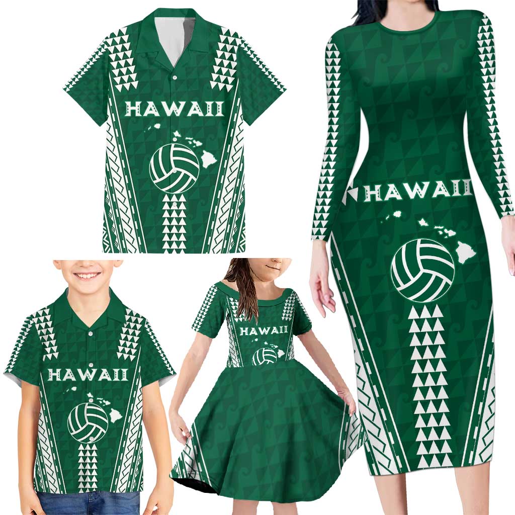 Polynesian Hawaii Volleyball Custom Family Matching Long Sleeve Bodycon Dress and Hawaiian Shirt Green Kakau with Map Motif LT9 - Polynesian Pride