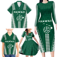 Polynesian Hawaii Volleyball Custom Family Matching Long Sleeve Bodycon Dress and Hawaiian Shirt Green Kakau with Map Motif LT9 - Polynesian Pride