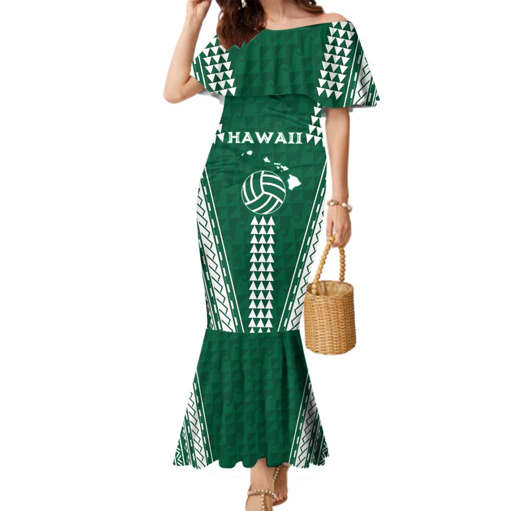 Polynesian Hawaii Volleyball Custom Family Matching Mermaid Dress and Hawaiian Shirt Green Kakau with Map Motif LT9 Mom's Dress Green - Polynesian Pride