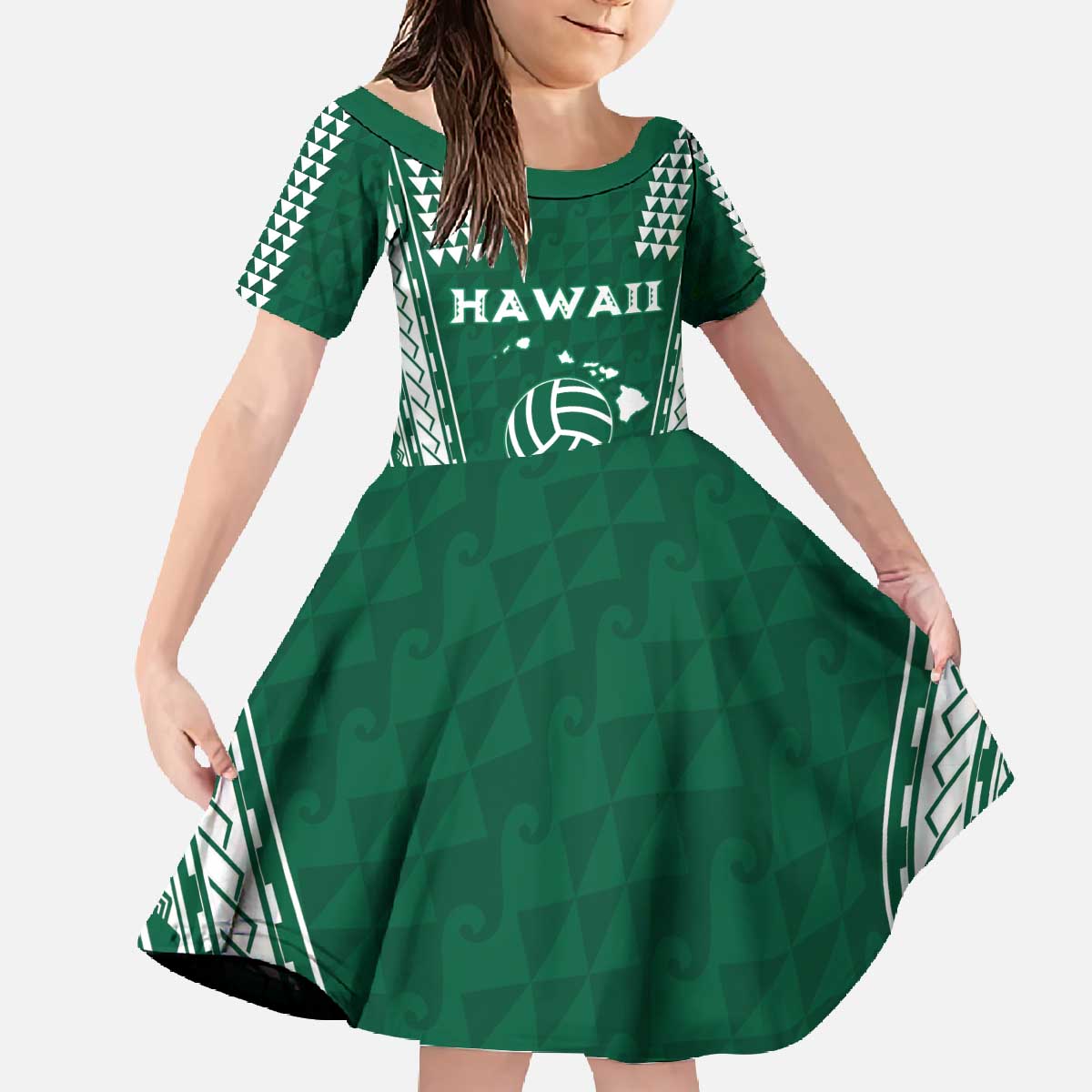 Polynesian Hawaii Volleyball Custom Family Matching Off The Shoulder Long Sleeve Dress and Hawaiian Shirt Green Kakau with Map Motif LT9 Daughter's Dress Green - Polynesian Pride