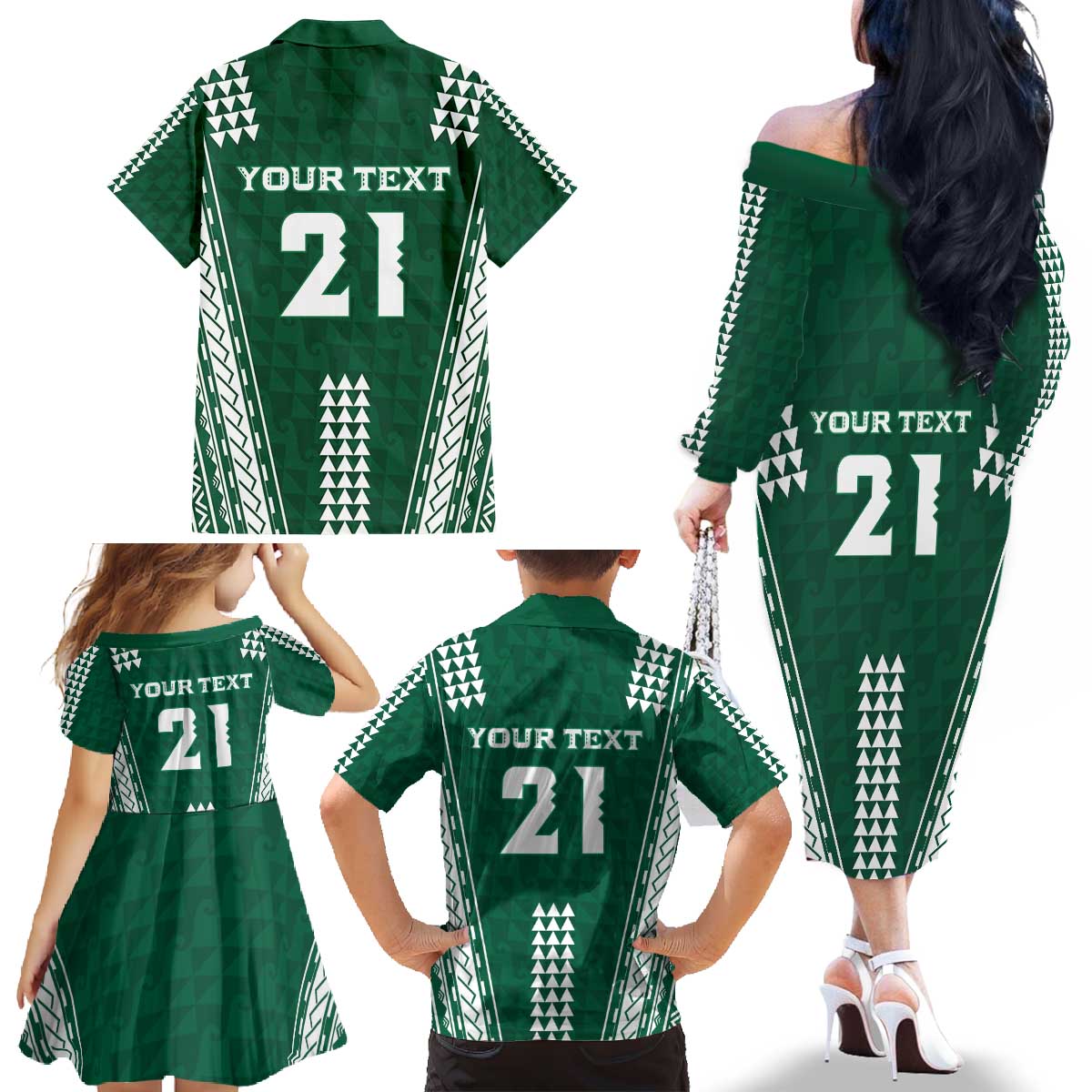 Polynesian Hawaii Volleyball Custom Family Matching Off The Shoulder Long Sleeve Dress and Hawaiian Shirt Green Kakau with Map Motif LT9 - Polynesian Pride