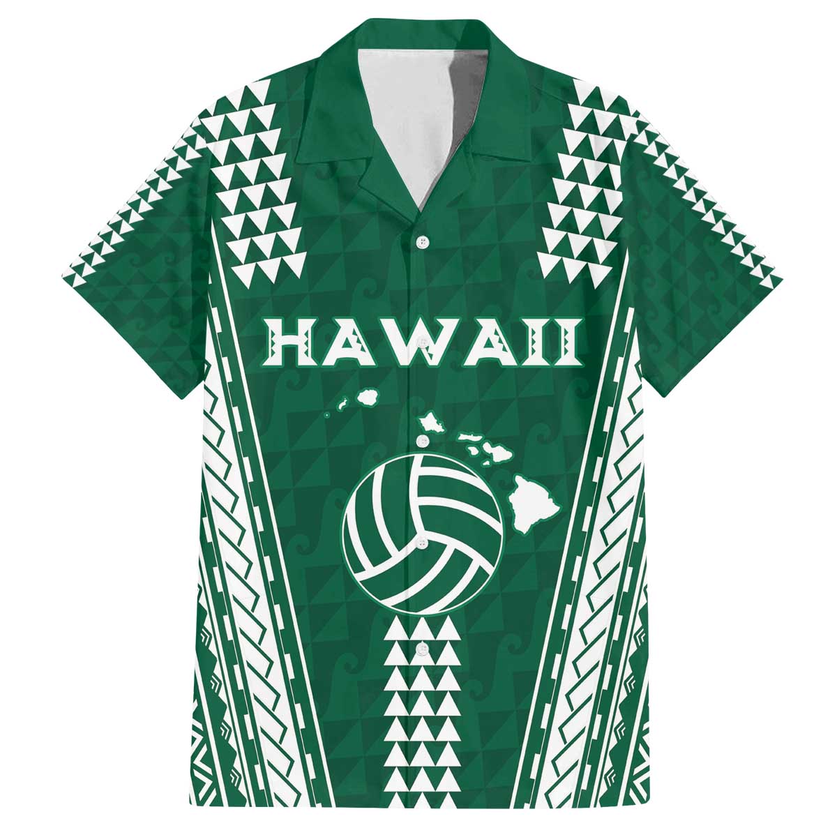 Polynesian Hawaii Volleyball Custom Family Matching Off The Shoulder Long Sleeve Dress and Hawaiian Shirt Green Kakau with Map Motif LT9 Dad's Shirt - Short Sleeve Green - Polynesian Pride