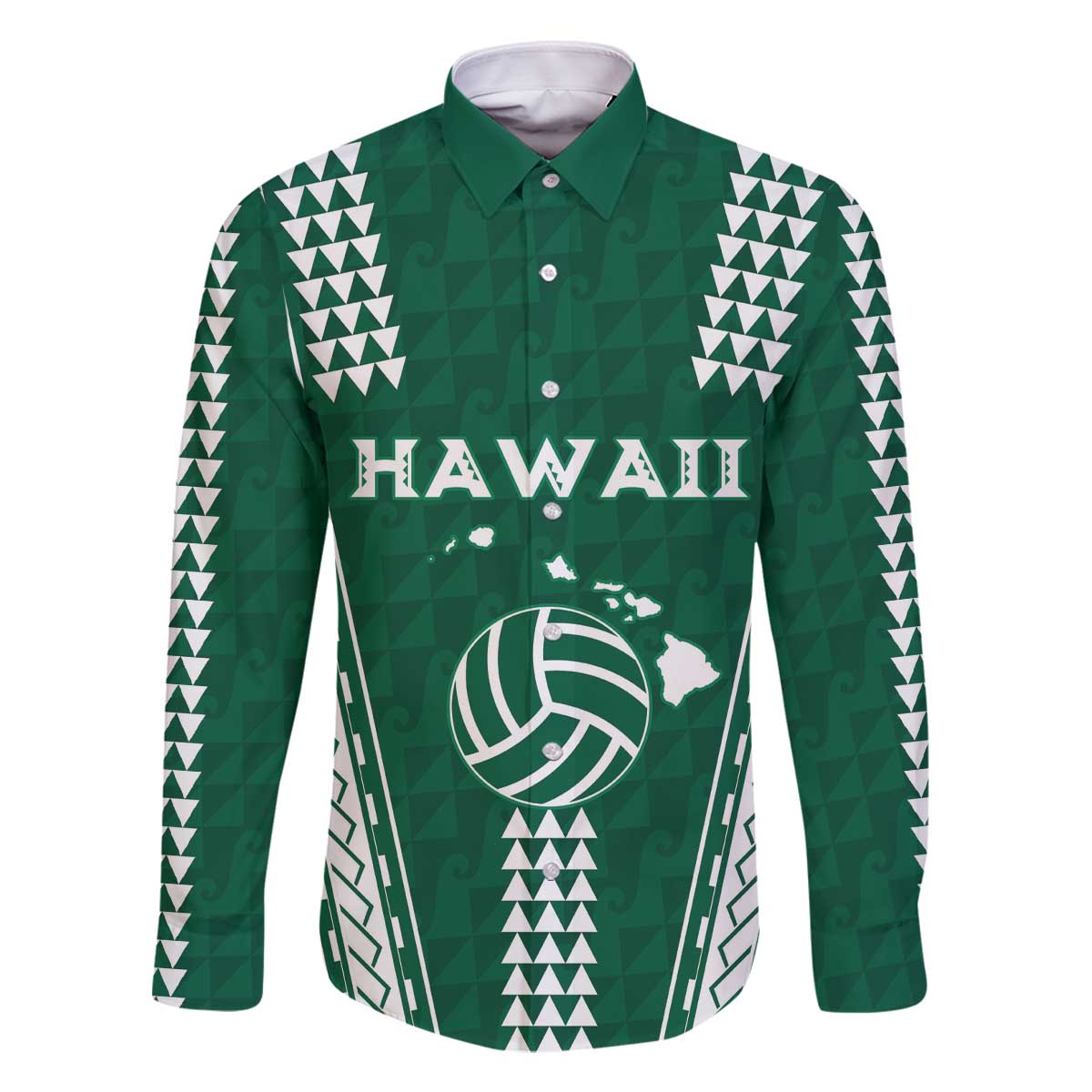 Polynesian Hawaii Volleyball Custom Family Matching Off The Shoulder Long Sleeve Dress and Hawaiian Shirt Green Kakau with Map Motif LT9 Dad's Shirt - Long Sleeve Green - Polynesian Pride