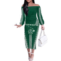 Polynesian Hawaii Volleyball Custom Family Matching Off The Shoulder Long Sleeve Dress and Hawaiian Shirt Green Kakau with Map Motif LT9 Mom's Dress Green - Polynesian Pride