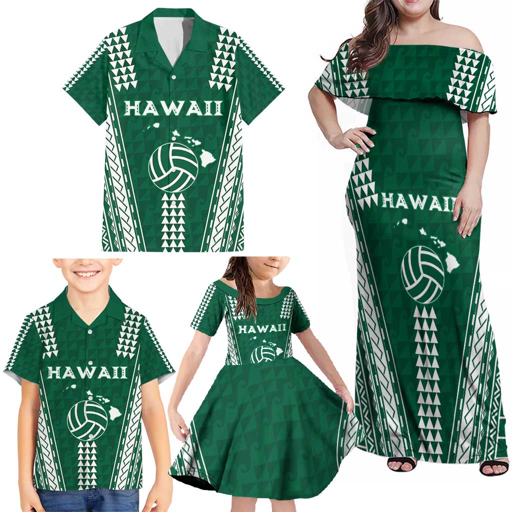 Polynesian Hawaii Volleyball Custom Family Matching Off Shoulder Maxi Dress and Hawaiian Shirt Green Kakau with Map Motif LT9 - Polynesian Pride