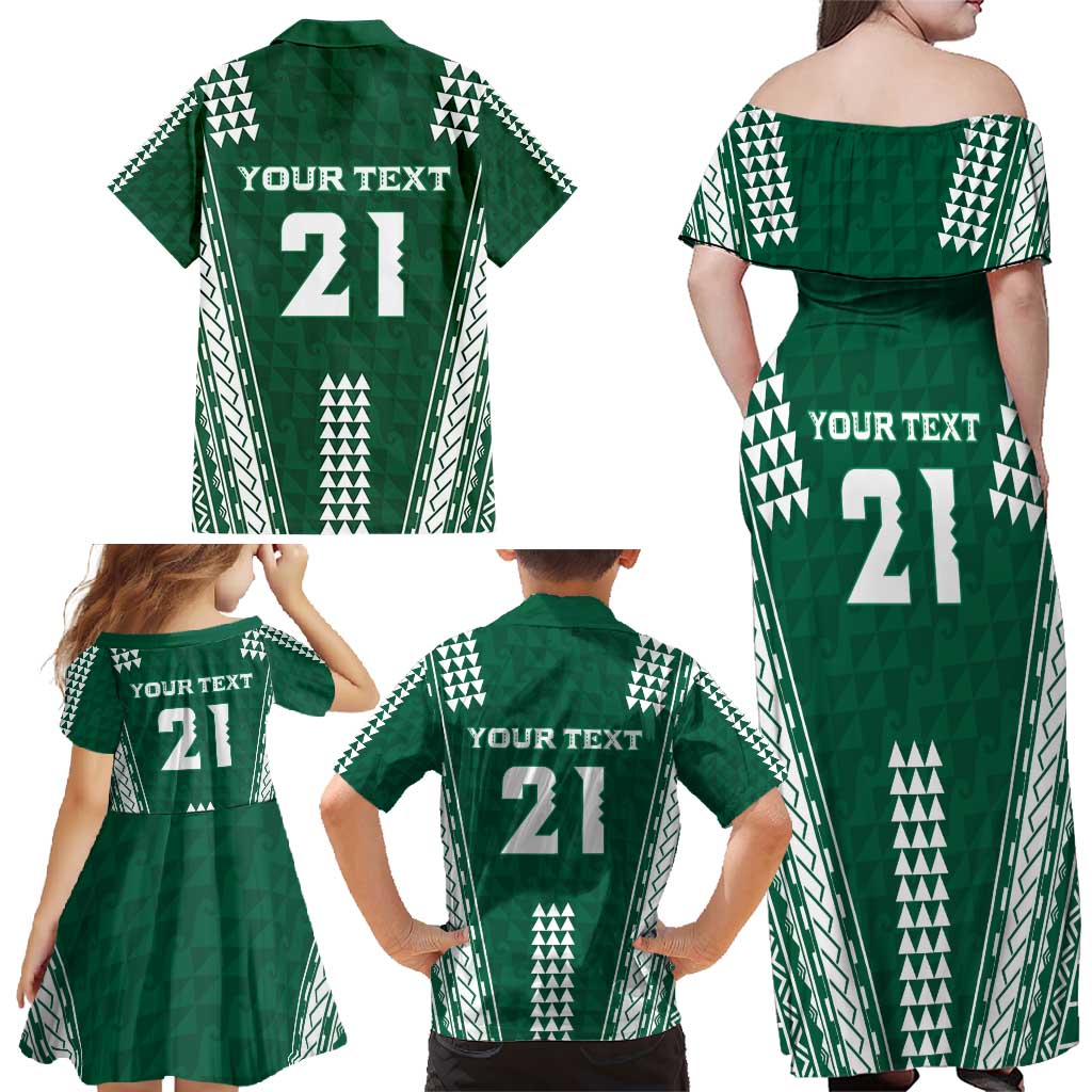 Polynesian Hawaii Volleyball Custom Family Matching Off Shoulder Maxi Dress and Hawaiian Shirt Green Kakau with Map Motif LT9 - Polynesian Pride
