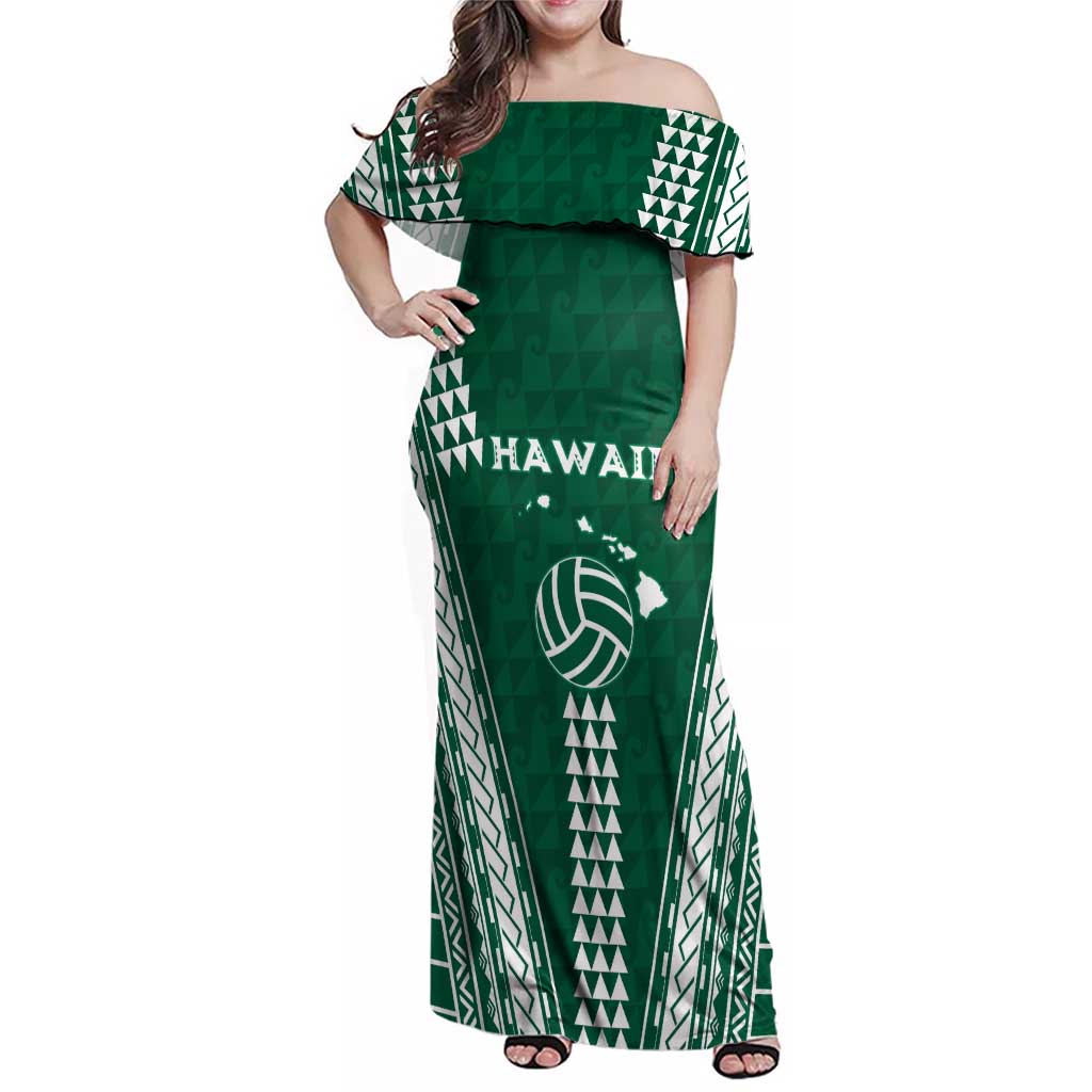 Polynesian Hawaii Volleyball Custom Family Matching Off Shoulder Maxi Dress and Hawaiian Shirt Green Kakau with Map Motif LT9 Mom's Dress Green - Polynesian Pride