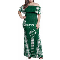 Polynesian Hawaii Volleyball Custom Family Matching Off Shoulder Maxi Dress and Hawaiian Shirt Green Kakau with Map Motif LT9 Mom's Dress Green - Polynesian Pride
