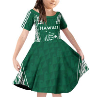 Polynesian Hawaii Volleyball Custom Family Matching Off Shoulder Short Dress and Hawaiian Shirt Green Kakau with Map Motif LT9 Daughter's Dress Green - Polynesian Pride