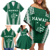 Polynesian Hawaii Volleyball Custom Family Matching Off Shoulder Short Dress and Hawaiian Shirt Green Kakau with Map Motif LT9 - Polynesian Pride