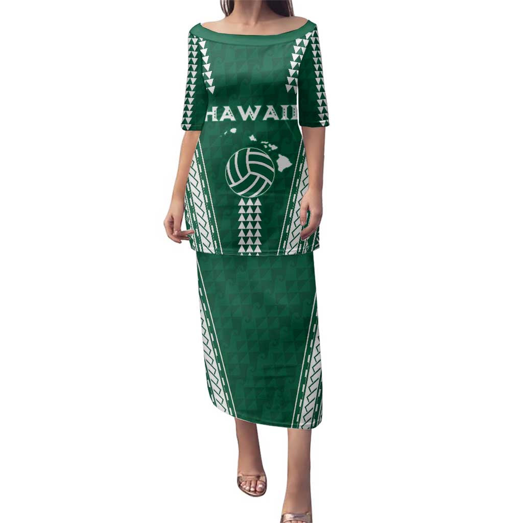 Polynesian Hawaii Volleyball Custom Family Matching Puletasi and Hawaiian Shirt Green Kakau with Map Motif LT9 Mom's Dress Green - Polynesian Pride
