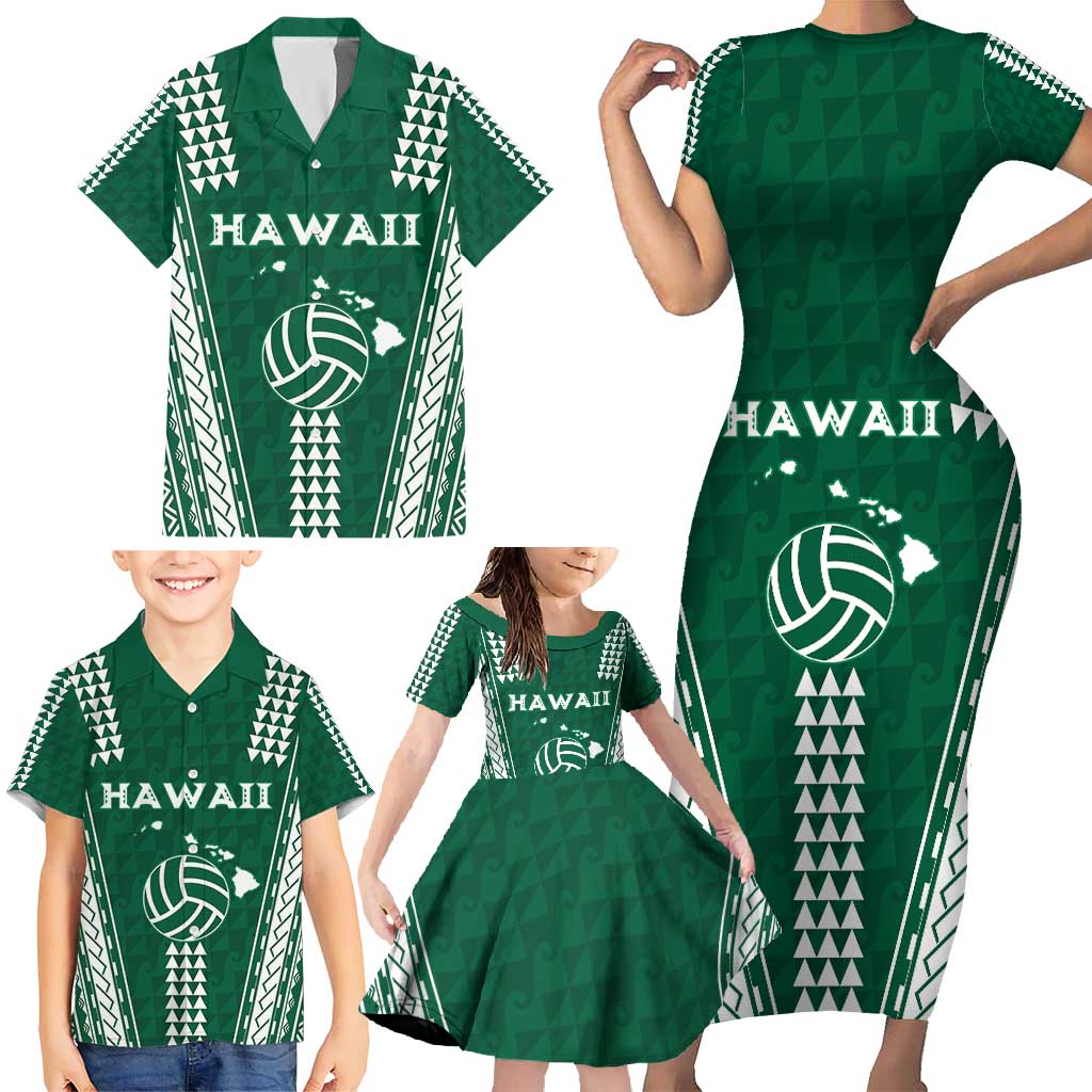 Polynesian Hawaii Volleyball Custom Family Matching Short Sleeve Bodycon Dress and Hawaiian Shirt Green Kakau with Map Motif LT9 - Polynesian Pride