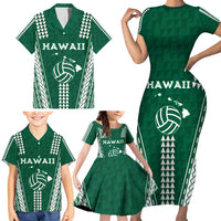 Polynesian Hawaii Volleyball Custom Family Matching Short Sleeve Bodycon Dress and Hawaiian Shirt Green Kakau with Map Motif LT9 - Polynesian Pride