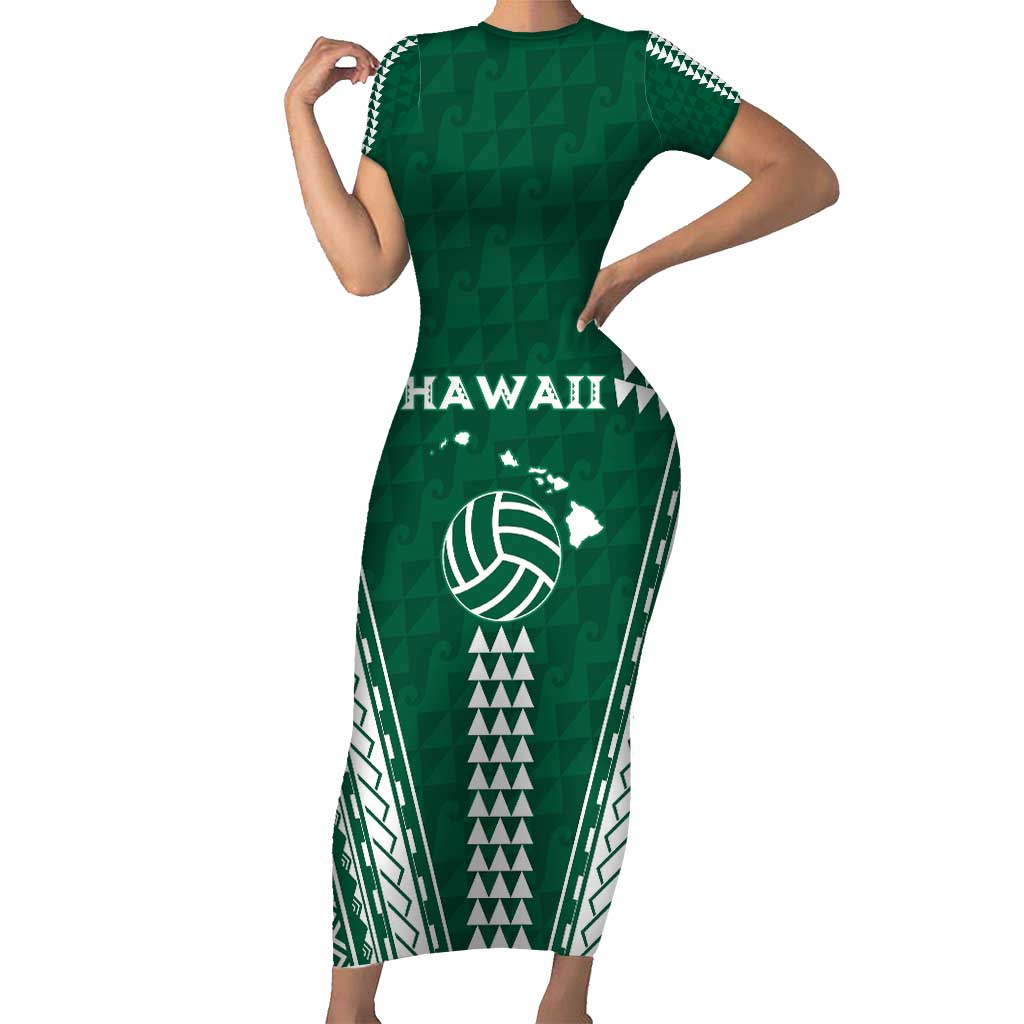 Polynesian Hawaii Volleyball Custom Family Matching Short Sleeve Bodycon Dress and Hawaiian Shirt Green Kakau with Map Motif LT9 Mom's Dress Green - Polynesian Pride