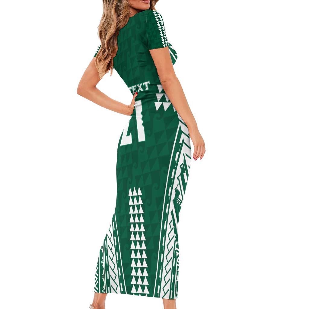 Polynesian Hawaii Volleyball Custom Family Matching Short Sleeve Bodycon Dress and Hawaiian Shirt Green Kakau with Map Motif LT9 - Polynesian Pride