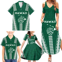 Polynesian Hawaii Volleyball Custom Family Matching Summer Maxi Dress and Hawaiian Shirt Green Kakau with Map Motif LT9 - Polynesian Pride