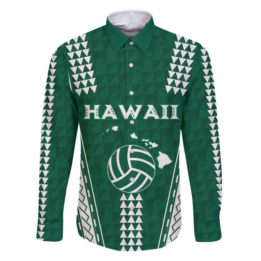 Polynesian Hawaii Volleyball Custom Family Matching Summer Maxi Dress and Hawaiian Shirt Green Kakau with Map Motif LT9 Dad's Shirt - Long Sleeve Green - Polynesian Pride