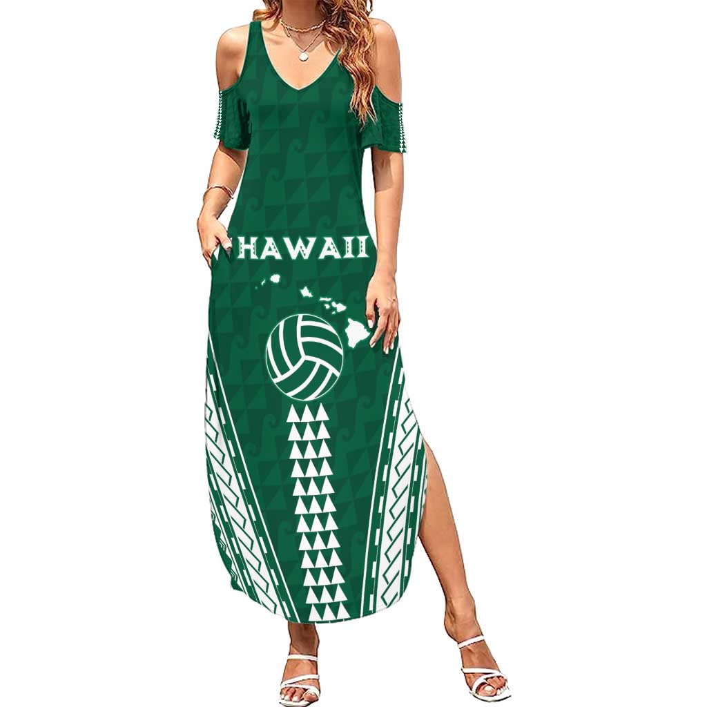 Polynesian Hawaii Volleyball Custom Family Matching Summer Maxi Dress and Hawaiian Shirt Green Kakau with Map Motif LT9 Mom's Dress Green - Polynesian Pride