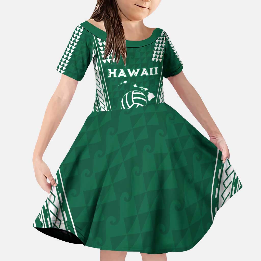 Polynesian Hawaii Volleyball Custom Family Matching Tank Maxi Dress and Hawaiian Shirt Green Kakau with Map Motif LT9 Daughter's Dress Green - Polynesian Pride