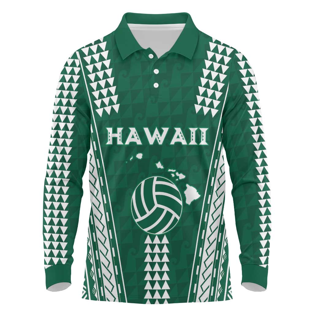 Polynesian Hawaii Volleyball Custom Long Sleeve Polo Shirt Green Kakau with Map Motif LT9 Green - Polynesian Pride