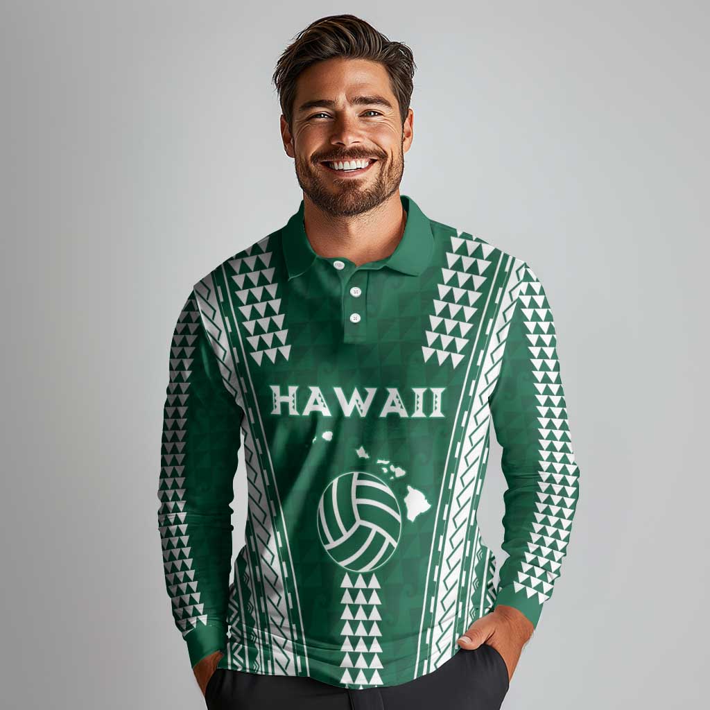 Polynesian Hawaii Volleyball Custom Long Sleeve Polo Shirt Green Kakau with Map Motif LT9 - Polynesian Pride