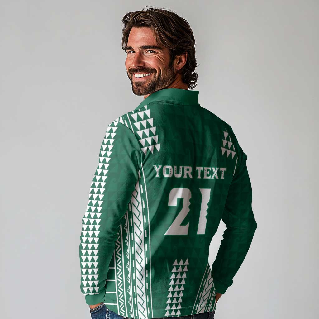 Polynesian Hawaii Volleyball Custom Long Sleeve Polo Shirt Green Kakau with Map Motif LT9 - Polynesian Pride