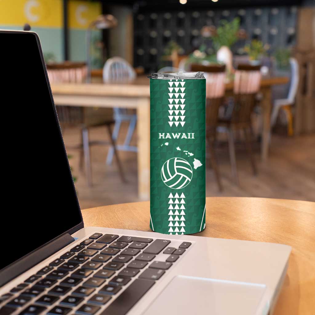 Polynesian Hawaii Volleyball Custom Skinny Tumbler Green Kakau with Map Motif