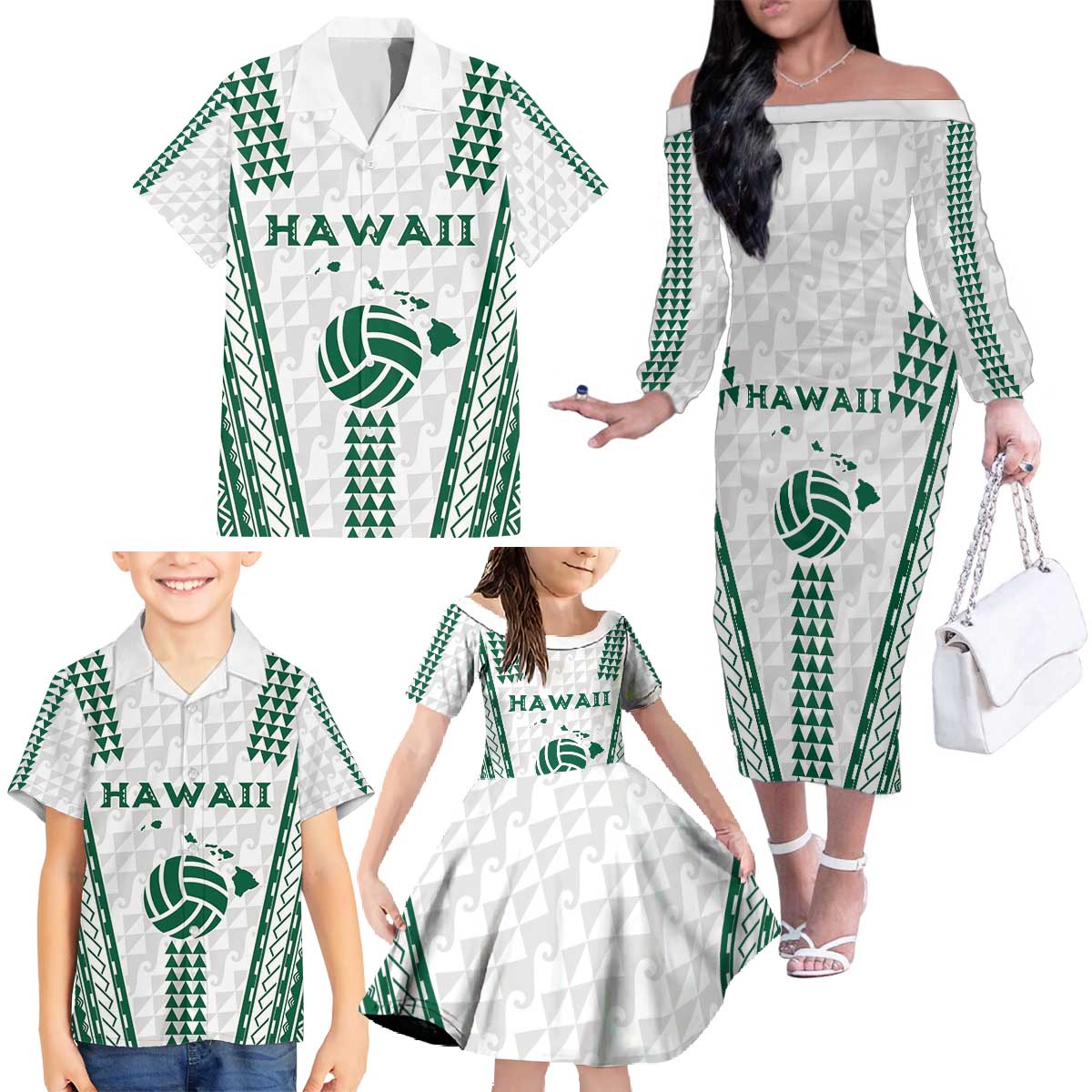 Polynesian Hawaii Volleyball Custom Family Matching Off The Shoulder Long Sleeve Dress and Hawaiian Shirt White Kakau with Map Motif LT9 - Polynesian Pride