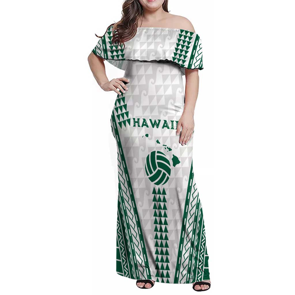 Polynesian Hawaii Volleyball Custom Family Matching Off Shoulder Maxi Dress and Hawaiian Shirt White Kakau with Map Motif LT9 Mom's Dress White - Polynesian Pride
