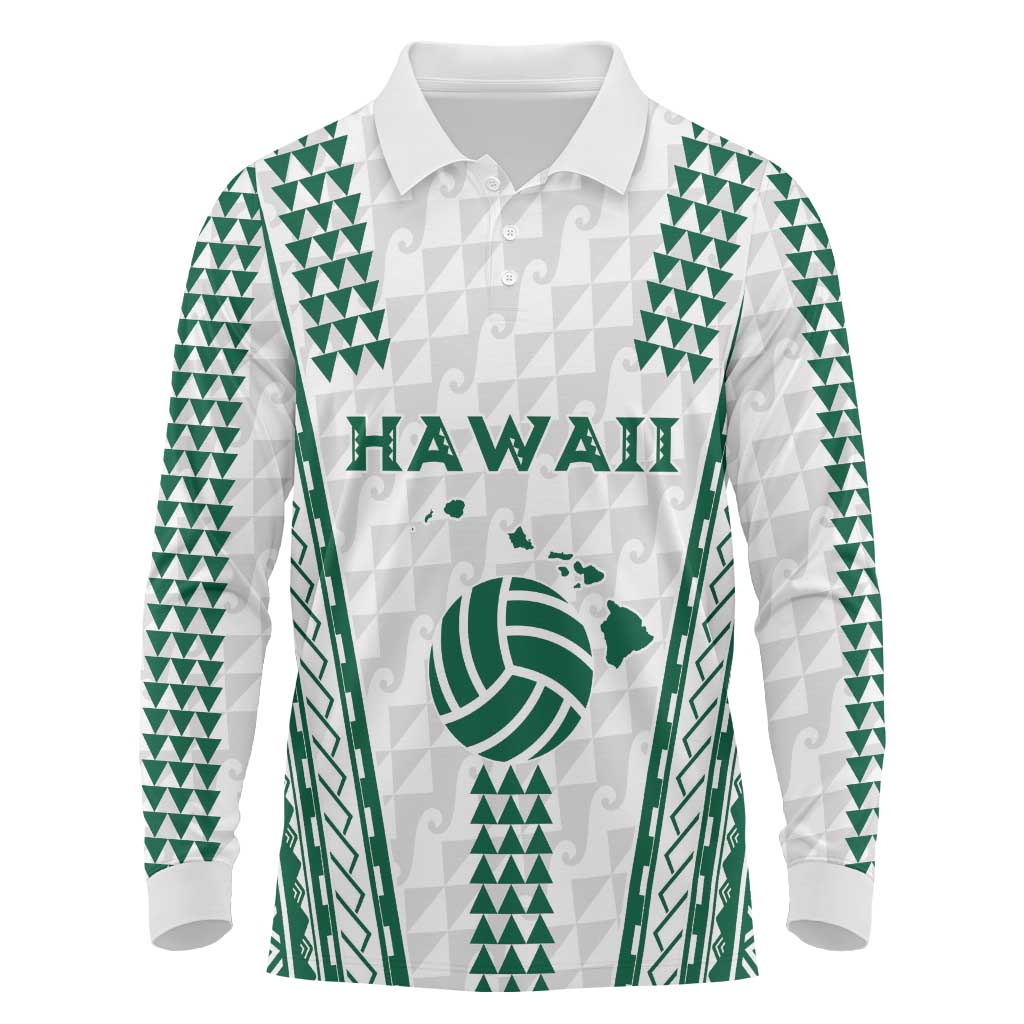 Polynesian Hawaii Volleyball Custom Long Sleeve Polo Shirt White Kakau with Map Motif LT9 White - Polynesian Pride
