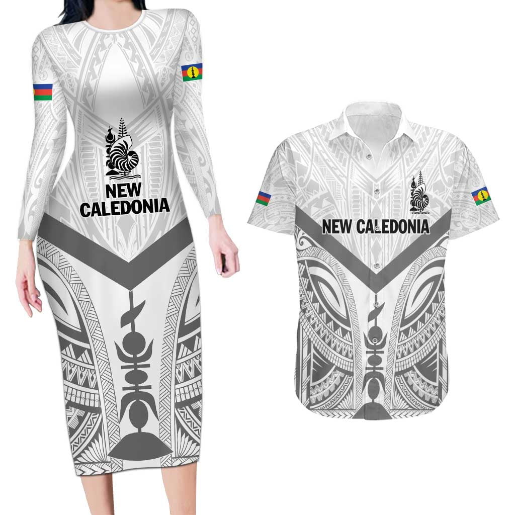 New Caledonia Football Custom Couples Matching Long Sleeve Bodycon Dress and Hawaiian Shirt Go Champions Les Cagous LT9 White - Polynesian Pride