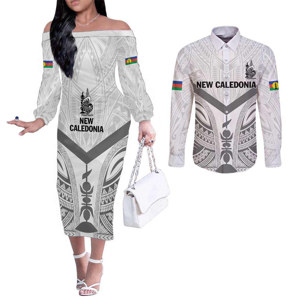 New Caledonia Football Custom Couples Matching Off The Shoulder Long Sleeve Dress and Long Sleeve Button Shirt Go Champions Les Cagous LT9 White - Polynesian Pride