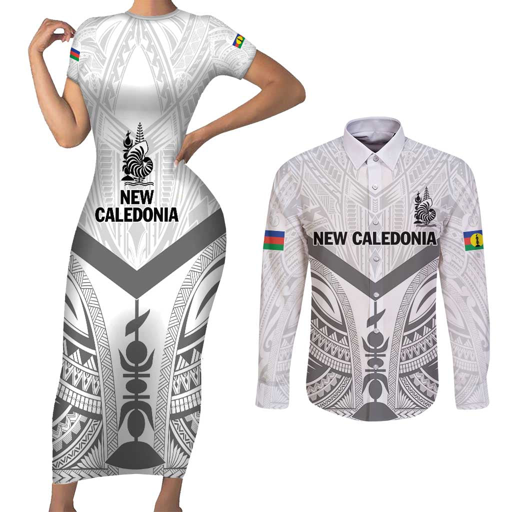 New Caledonia Football Custom Couples Matching Short Sleeve Bodycon Dress and Long Sleeve Button Shirt Go Champions Les Cagous LT9 White - Polynesian Pride