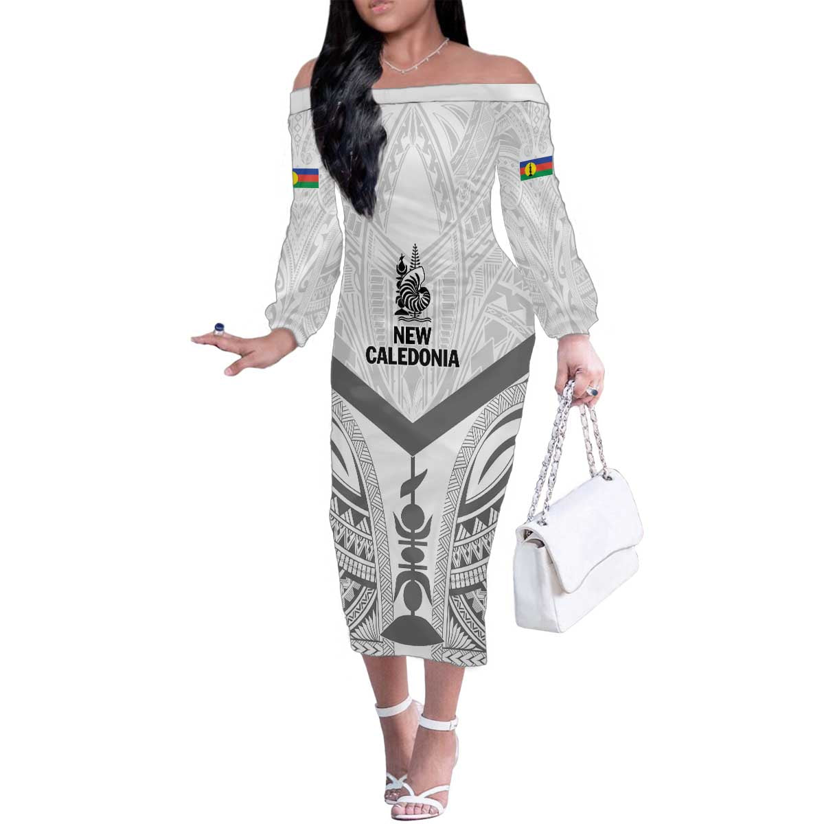 New Caledonia Football Custom Family Matching Off The Shoulder Long Sleeve Dress and Hawaiian Shirt Go Champions Les Cagous LT9 Mom's Dress White - Polynesian Pride