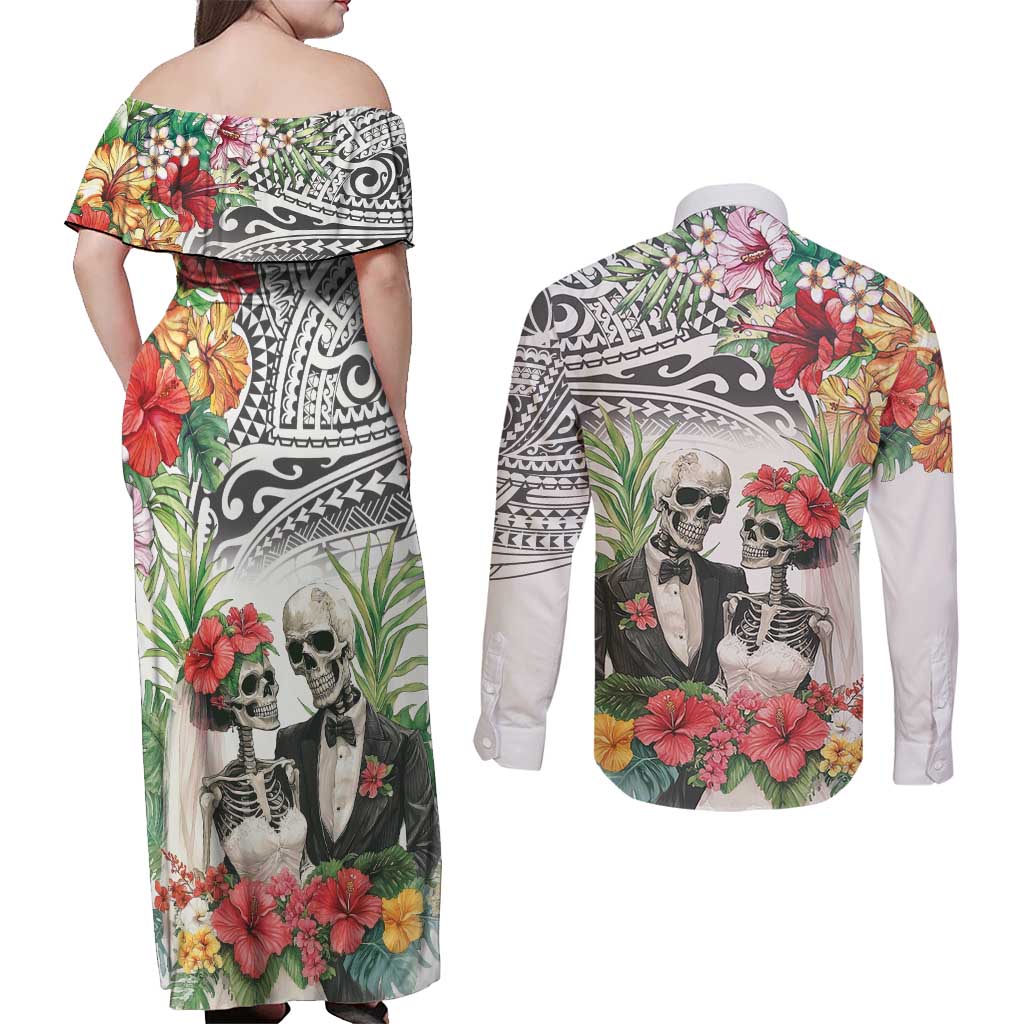 Skeleton Love for Valentine’s Day Couples Matching Off Shoulder Maxi Dress and Long Sleeve Button Shirt Polynesian Tribal Love Forever