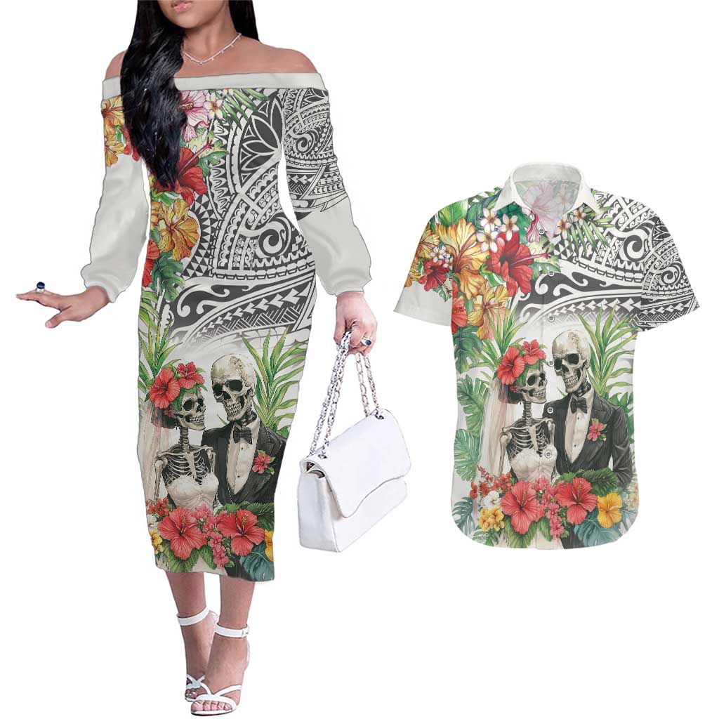 Skeleton Love for Valentines Day Couples Matching Off The Shoulder Long Sleeve Dress and Hawaiian Shirt Polynesian Tribal Love Forever LT9 White - Polynesian Pride