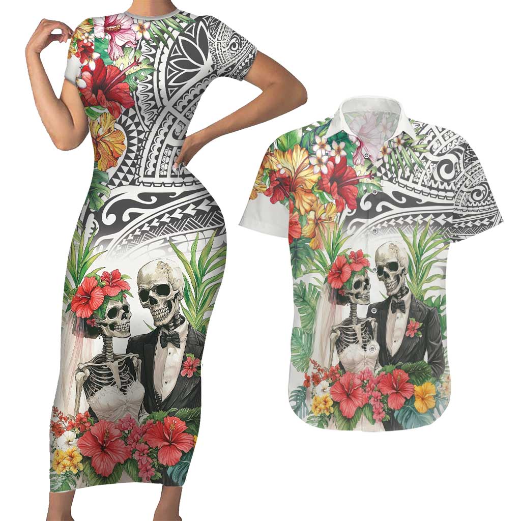 Skeleton Love for Valentines Day Couples Matching Short Sleeve Bodycon Dress and Hawaiian Shirt Polynesian Tribal Love Forever LT9 White - Polynesian Pride