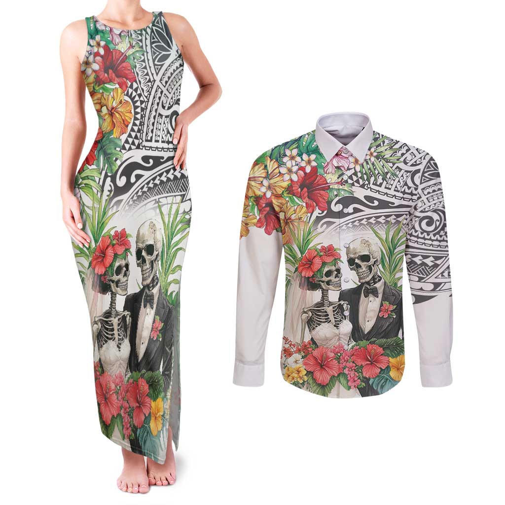 Skeleton Love for Valentine’s Day Couples Matching Tank Maxi Dress and Long Sleeve Button Shirt Polynesian Tribal Love Forever