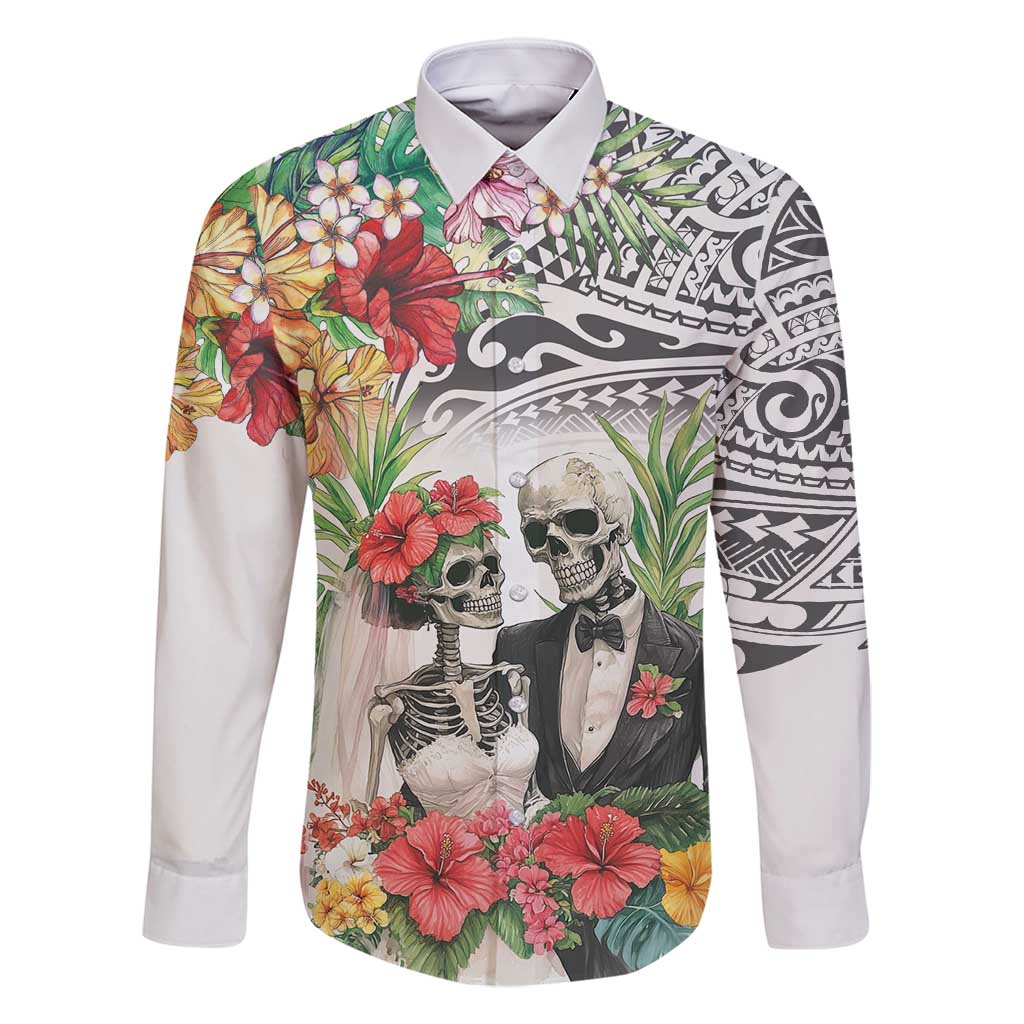 Skeleton Love for Valentines Day Family Matching Mermaid Dress and Hawaiian Shirt Polynesian Tribal Love Forever LT9 Dad's Shirt - Long Sleeve White - Polynesian Pride