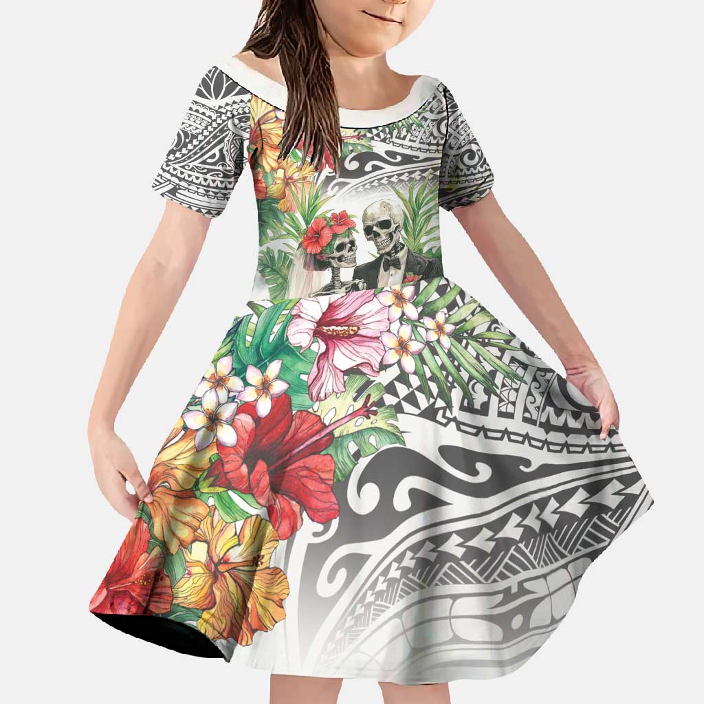 Skeleton Love for Valentines Day Family Matching Off Shoulder Maxi Dress and Hawaiian Shirt Polynesian Tribal Love Forever LT9 Daughter's Dress White - Polynesian Pride