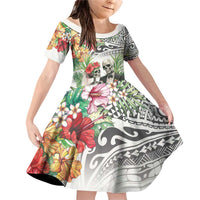 Skeleton Love for Valentines Day Family Matching Off Shoulder Short Dress and Hawaiian Shirt Polynesian Tribal Love Forever LT9 Daughter's Dress White - Polynesian Pride
