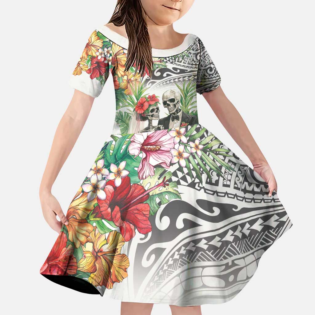 Skeleton Love for Valentines Day Family Matching Puletasi and Hawaiian Shirt Polynesian Tribal Love Forever LT9 Daughter's Dress White - Polynesian Pride