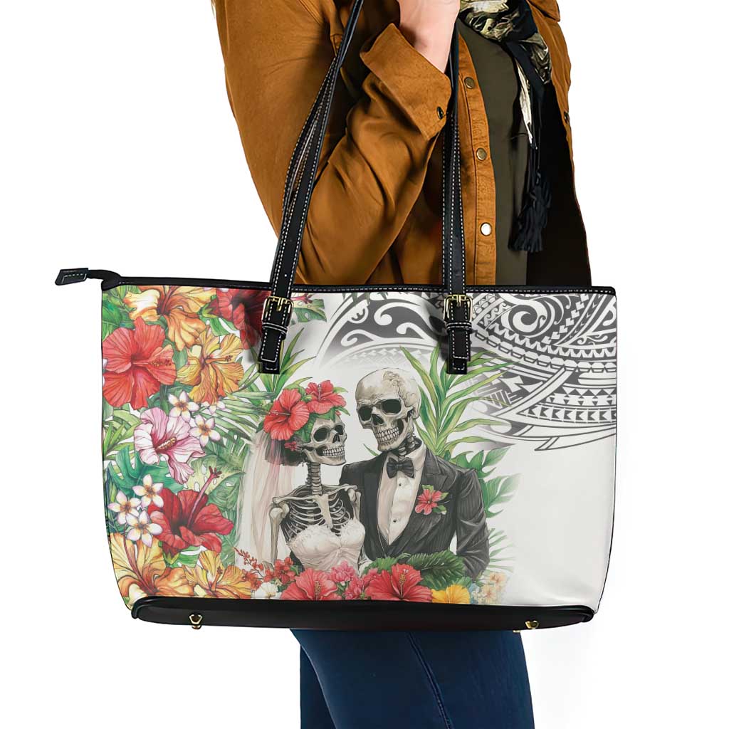 Skeleton Love for Valentine’s Day Leather Tote Bag Polynesian Tribal Love Forever